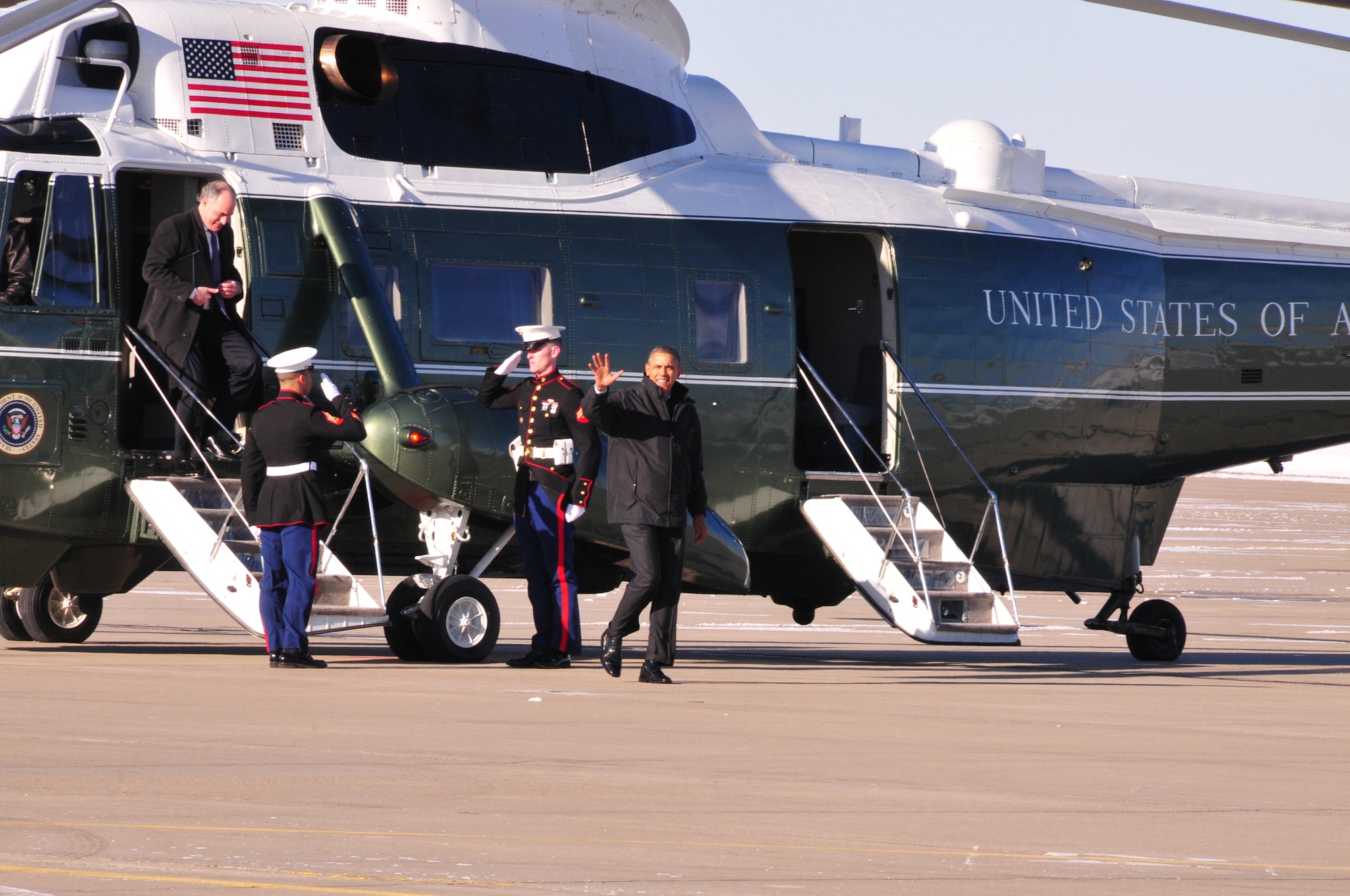 The President of the United States, Barack Obama, landed at the 171st Air Refueling Wing, Coraopolis, PA., in Air Force One at approximately 12:15p.m. January 29, 2014 before traveling to the U.S. Steel plant in West Mifflin, near Pittsburgh, to deliver a speech as part of a two-day tour used to promote his proposals given during the State of the Union address. (Air National Guard Photo by Master Sgt. Stacey Barkey/Released)