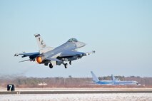 A U.S. Air Force F-16C Fighting Falcon piloted by Maj. Michael Reilly from the New Jersey Air National Guard's 177th Fighter Wing "Jersey Devils" takes off in afterburner for a training mission on Jan. 30 at Atlantic City Air National Guard Base, N.J.  (U.S. Air National Guard photo by Tech. Sgt. Matt Hecht/Released)