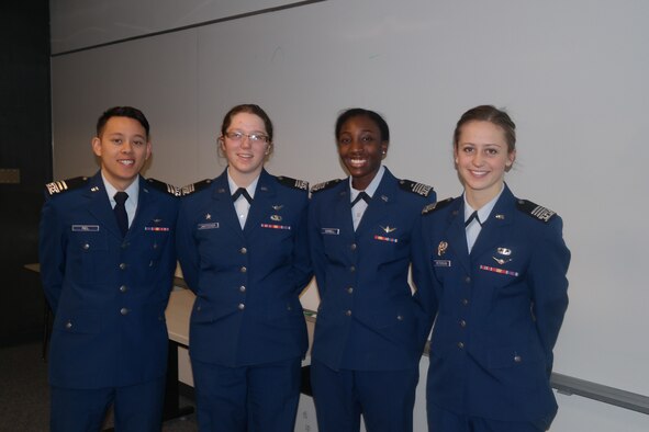 Academy cadets are helping Colorado Springs officials improve passenger numbers at the Colorado Springs Airport. Pictured from left to right: Cadets 1st Class Anthony Riel, Helen Jantscher, Kassie Gurnell, and Hannah Peterson. (U.S. Air Force/Courtesy Photo)