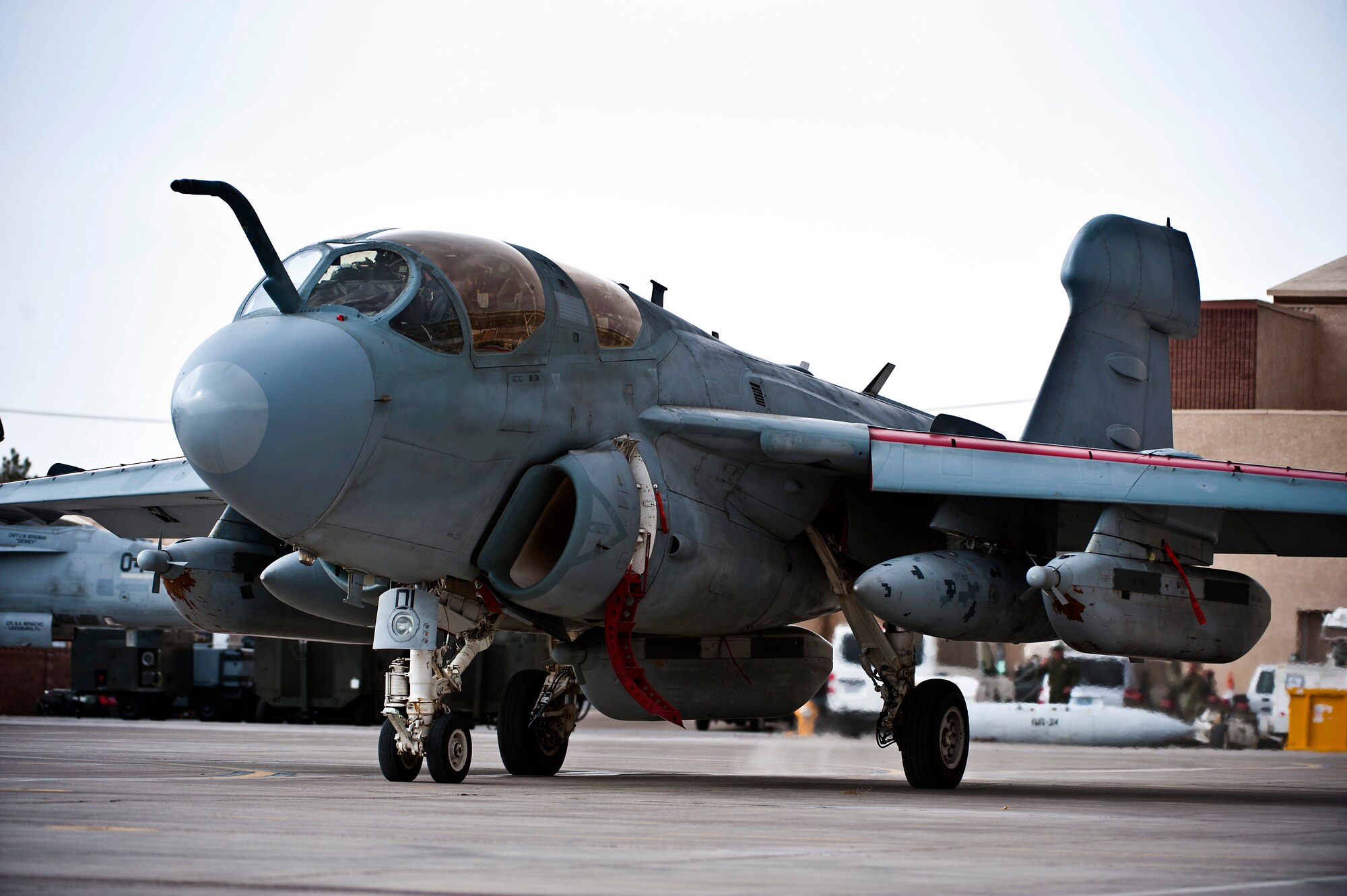 U.S. Marine Corps 2nd Marine Aircraft Wing, Marine Tactical Electronic Warfare Squadron 4 EA-6B Prowlers taxies to the end of the runway for final checks before taking off during Red Flag 14-1 Jan. 30, 2014, at Nellis Air Force Base, Nev. Red Flag provides realistic combat training in a contested, degraded and operationally limited environment. This provides U.S. and allied pilots with real-time war scenarios and helps their ground crews also test their readiness capabilities. (U.S. Air Force photo/Senior Airman Brett Clashman)