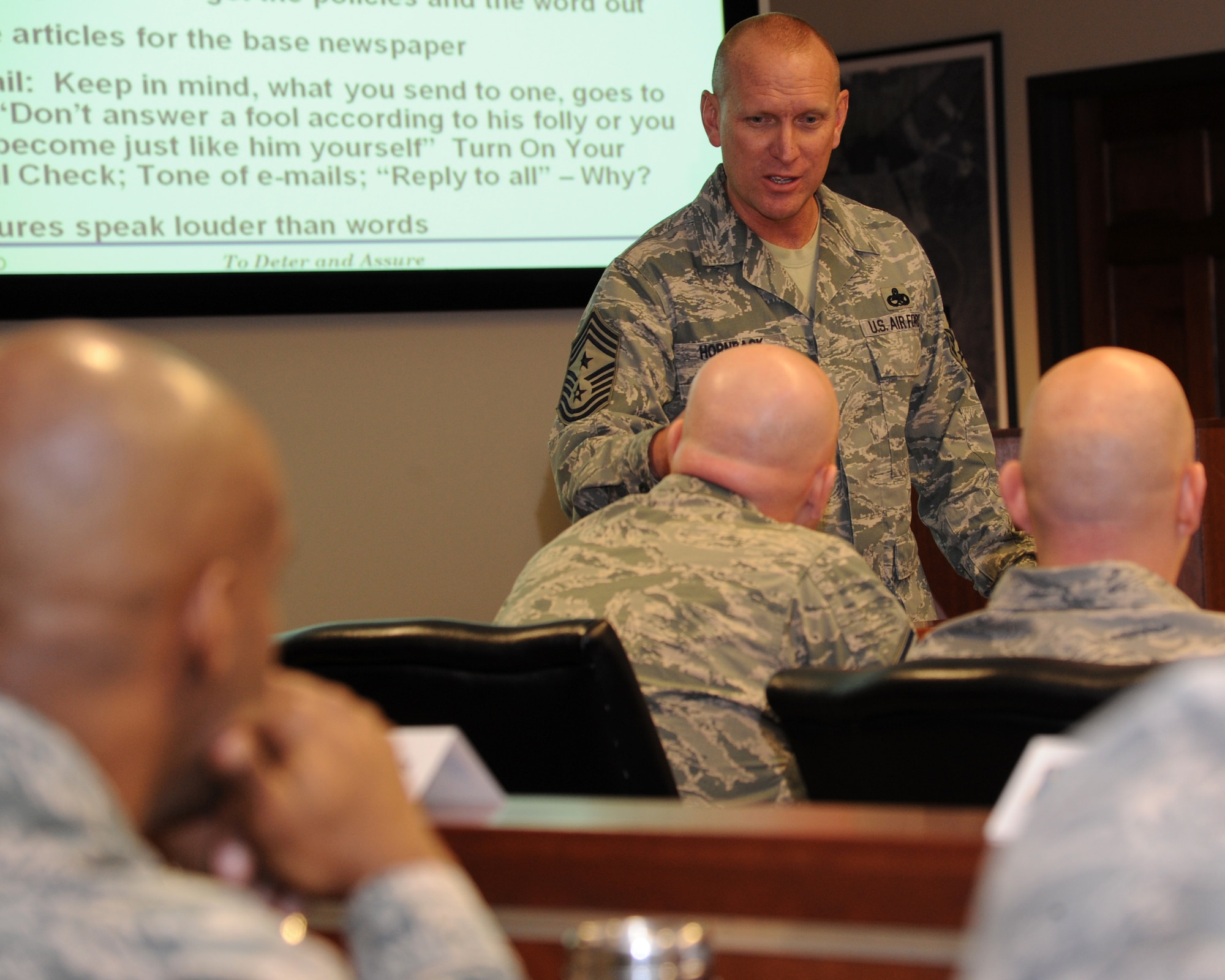Chief Master Sgt. Brian Hornback, command chief for Air Force Global Strike Command, addresses chief selectees at Barksdale Air Force Base, La., Jan. 31. Hornback spoke about the responsibilities and expectations that come with wearing the Air Force’s highest enlisted rank. (U.S. Air Force photo/ Airman 1st Class Jannelle Dickey)