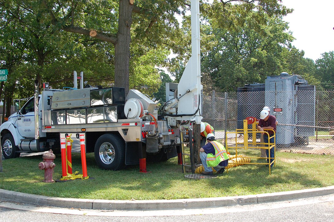 Electrical contractors replace high-voltage electrical cable at the Arnold Engineering Developement Complex (AEDC) Hypervelocity Wind Tunnel 9, White Oak, Md. as part of a team effort to return the test facility back to operational status. (Photo provided)