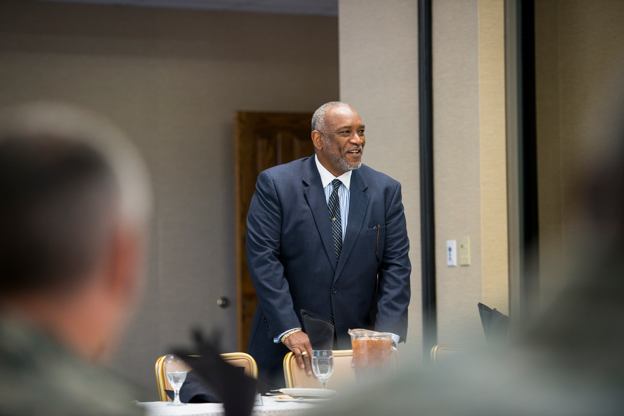 The Honorable James F. Council Jr., Judge of the Juvenile Court of Lowndes County, speaks at a Lunch and Learn seminar at Moody Air Force Base, Ga., Jan. 30, 2014. Lunch and Learn is a program put on by the 23d Force Support Squadron to allow Airmen to attend professional development courses during their lunch hour. (U.S. Air Force photo by Airman 1st Class Ryan Callaghan/Released)
