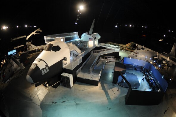 Work continues on the space shuttle orbiter payload bay, engine and tail section structures, which are part of Space Shuttle Exhibit featuring the Crew Compartment Trainer. These are being constructed by Display Dynamics Inc. (U.S. Air Force photo)
