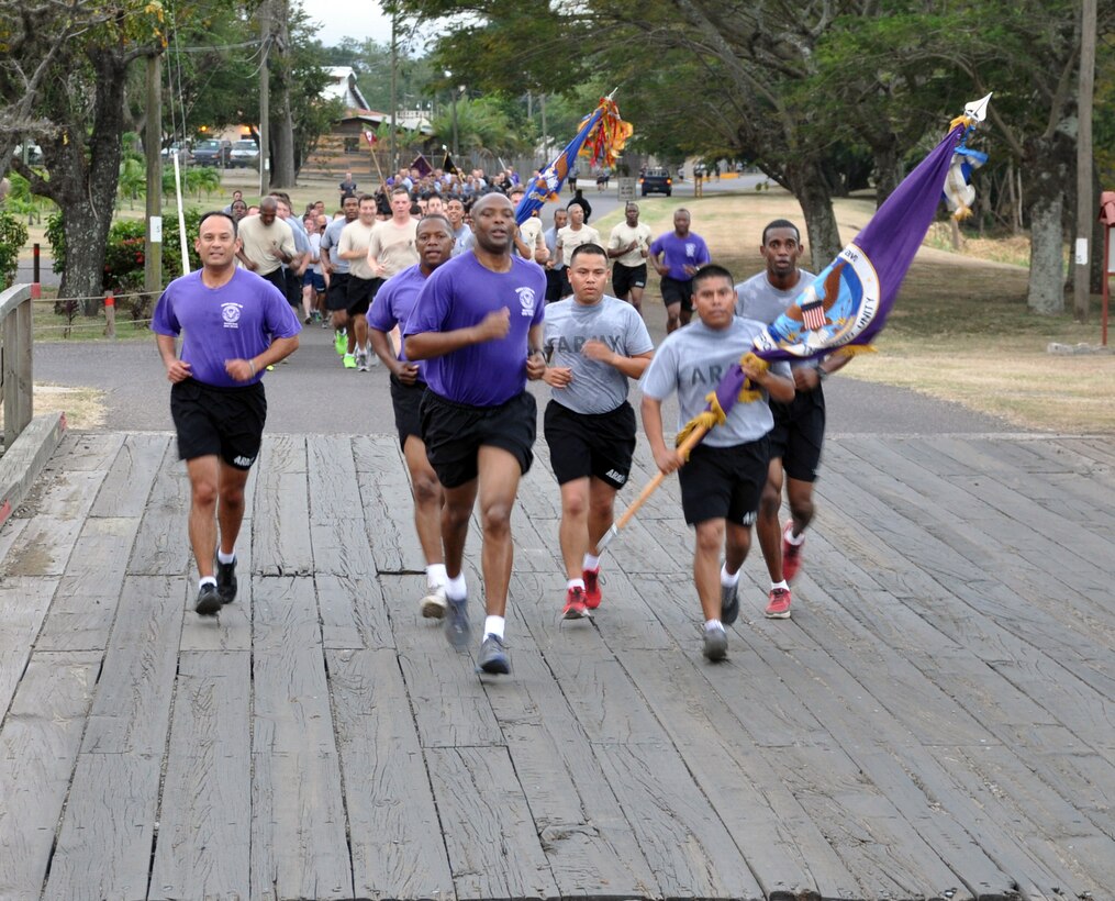 Joint Task Force-Bravo Command Sgt. Maj. Valmond A. Martin leads the way during a formation run conducted in his honor at Soto Cano Air Base, Honduras, Jan. 31, 2014. Martin, who enlisted in the U.S. Army in 1983, is retiring after more than 31 years of service. The event marked the final formation run of the Command Sergeant Major’s career. (U.S. Air Force photo by Capt. Zach Anderson) 