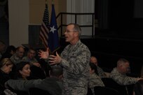 Air Force Brig. Gen. Bob LaBrutta, 502nd Air Base Wing and Joint Base San Antonio commander, speaks during a community town hall meeting Jan. 22 at Fleenor Auditorium, JBSA-Randolph. (U.S. Air Force photo by Airman 1st Class Alexandria Slade)