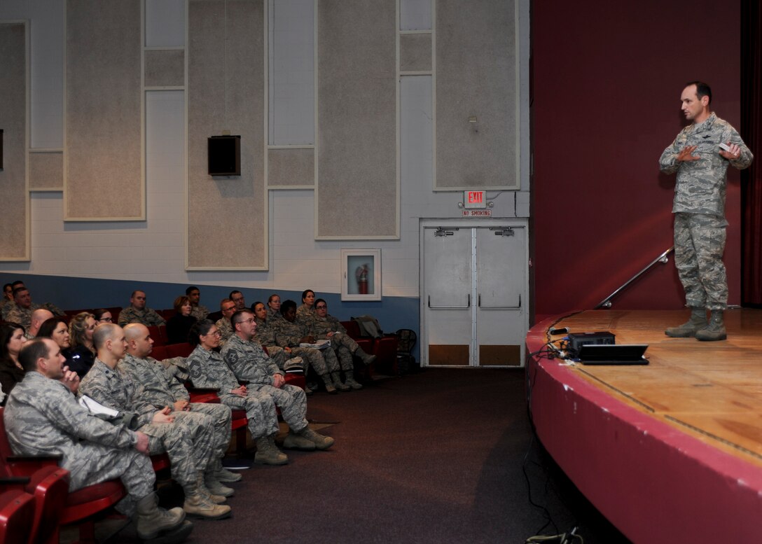 Col. Kevin Kennedy, 28th Bomb Wing commander, hosts a town hall meeting at the base theater on Ellsworth Air Force Base, S.D., Jan. 27, 2014. Kennedy discussed a variety of issues ranging from professionalism in work areas and base housing privatization to the Air Force’s fiscal environment. (U.S. Air Force photo by Senior Airman Anania Tekurio/Released)