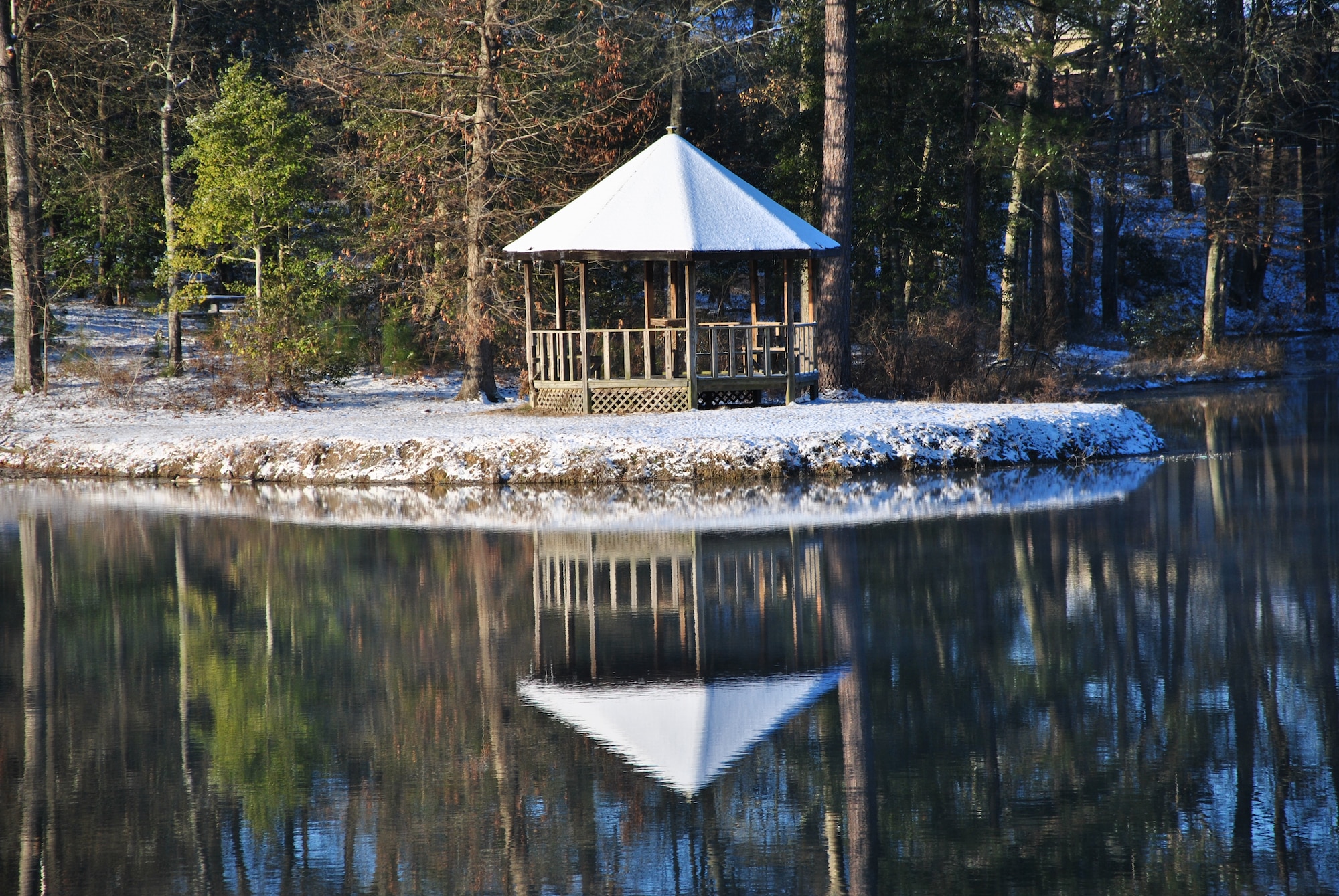 The gazebo at Duck Lake paints a picture-perfect winter scene Thursday. With temperatures rising into the 40s most of the ice and snow was gone by late afternoon.(U.S. Air Force photo by Ray Crayton)