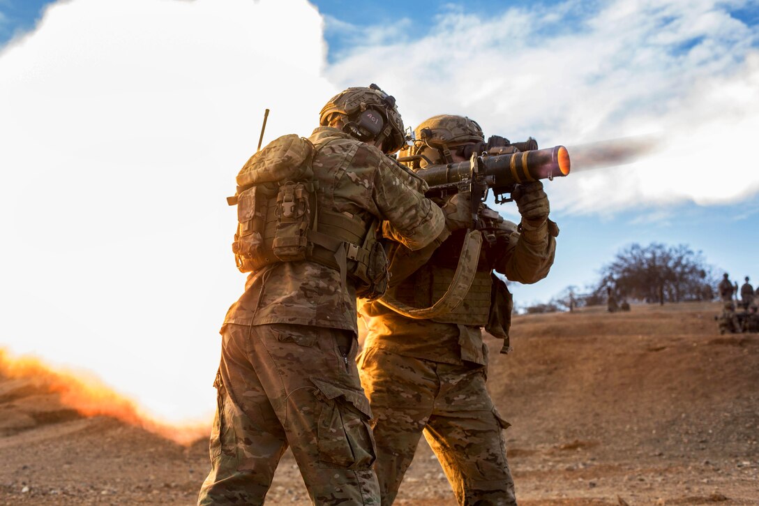 Army Rangers fire a Carl Gustav 84mm recoilless rifle during live-fire training  at a range on Camp Roberts, Calif., Jan. 26, 2014.