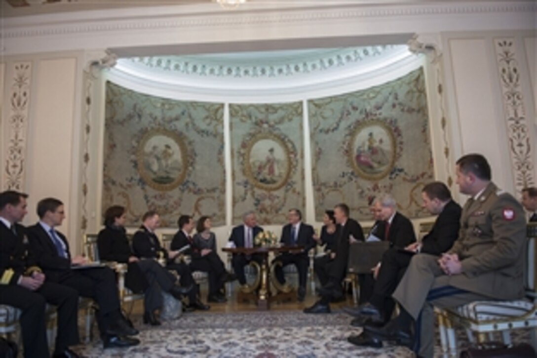 U.S. Defense Secretary Chuck Hagel meets with Polish President Bronislaw Komorowski at the Presidential Palace in Warsaw, Poland, Jan. 31, 2014. Hagel is on a trip to Europe to meet with defense leaders and attend the 50th Munich Security Conference.