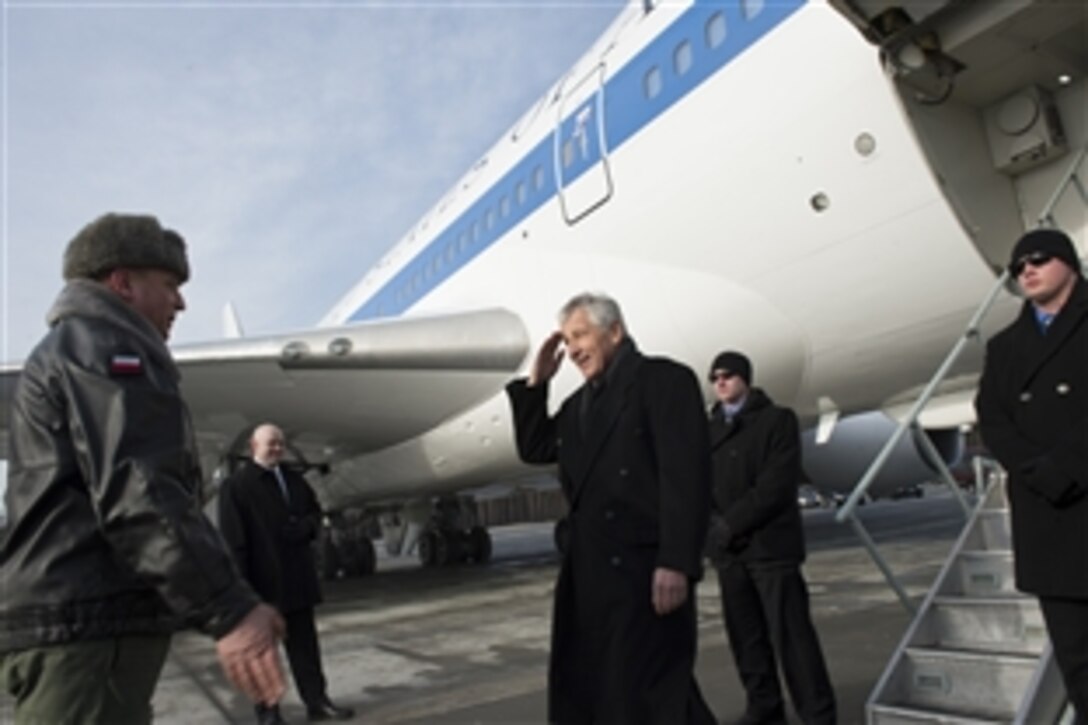 U.S. Defense Secretary Chuck Hagel arrives on Powidz Air Base, Poland, Jan. 31, 2014. Hagel is on a trip to Europe to meet with defense leaders and attend the 50th Munich Security Conference.
