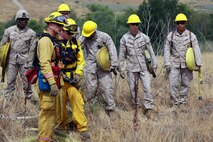 Marines with 2nd Battalion, 11th Marine Regiment, 1st Marine Division, I Marine Expeditionary Force, are taught the proper way to lay hoses during a Woodland Firefighting Course aboard Marine Corps Base Camp Pendleton, Calif., June 26, 2014. The weeklong training was led by firefighters from the California Department of Forestry and Fire Protection and the Camp Pendleton Fire Department. (U.S. Marine Corps Photo by Lance Cpl. Tony Simmons)