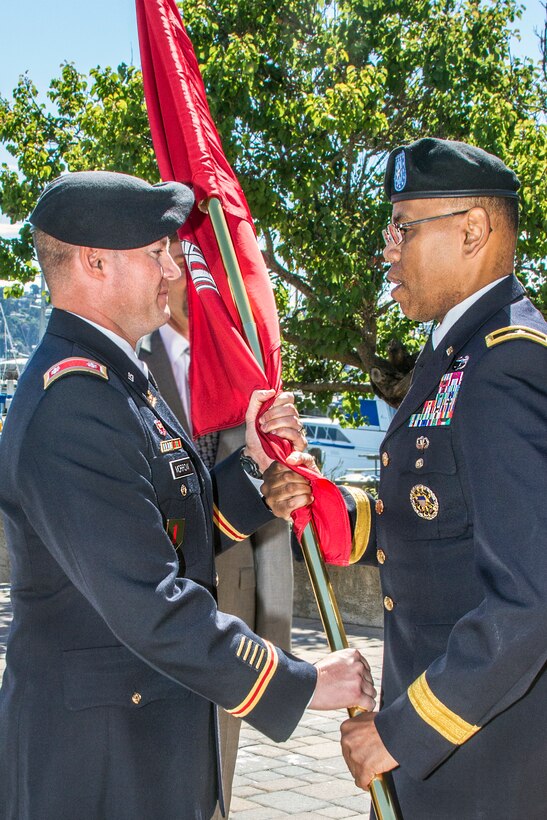 Brig. Gen. C. David Turner (right) passes the Corps of Engineers flag to incoming District Commander Lt. Col. John Morrow signaling the transfer of command responsibility during the change of command ceremony at the Bay Model Visitor Center, June 27, 2014.

The San Francisco District bid farewell to Lt. Col. John Baker and welcomed Lt. Col. John Morrow as the District's 54th commander. 
