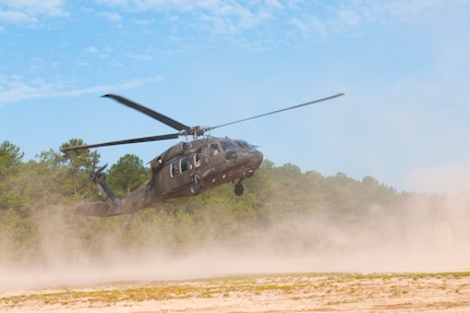 A South Carolina National Guard UH-60 Black Hawk helicopter lands during a training exercise June 30, 2014, at McCrady Training Center. During the exercise, military and civilian agencies worked together to respond to a simulated downed aircraft. 