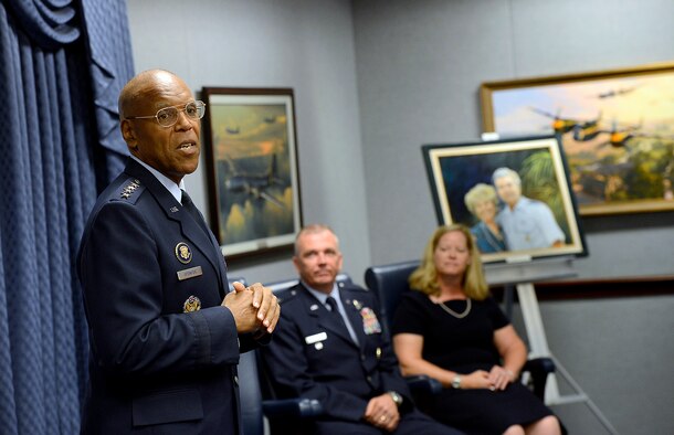 Air Force Vice Chief of Staff Gen. Larry O. Spencer talks about the achievements of Col. Ricky Rupp and his wife, Charlotte, during the 2013 General and Mrs. Jerome F. O'Malley Award presentation June 27, 2014, during a Pentagon ceremony.  Rupp, the special assistant to the commander at U.S./Republic of Korea Combined Forces Command at U.S. Army Garrison Yongsan.  The award was earned during the Rupps' time while leading the 22nd Air Refueling Wing at McConnell Air Force Base, Kan.  (U.S. Air Force photo/Scott M. Ash)