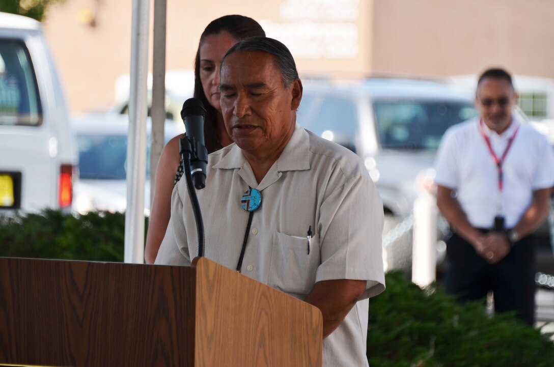 ALBUQUERQUE, N.M., -- Tribal Councilman Matt Pecos, Pueblo de Cochiti, gives the invocation in Keres, the native language of the Pueblo, June 26, 2014.  This is the first Native American tribal invocation at a District change of command ceremony.
