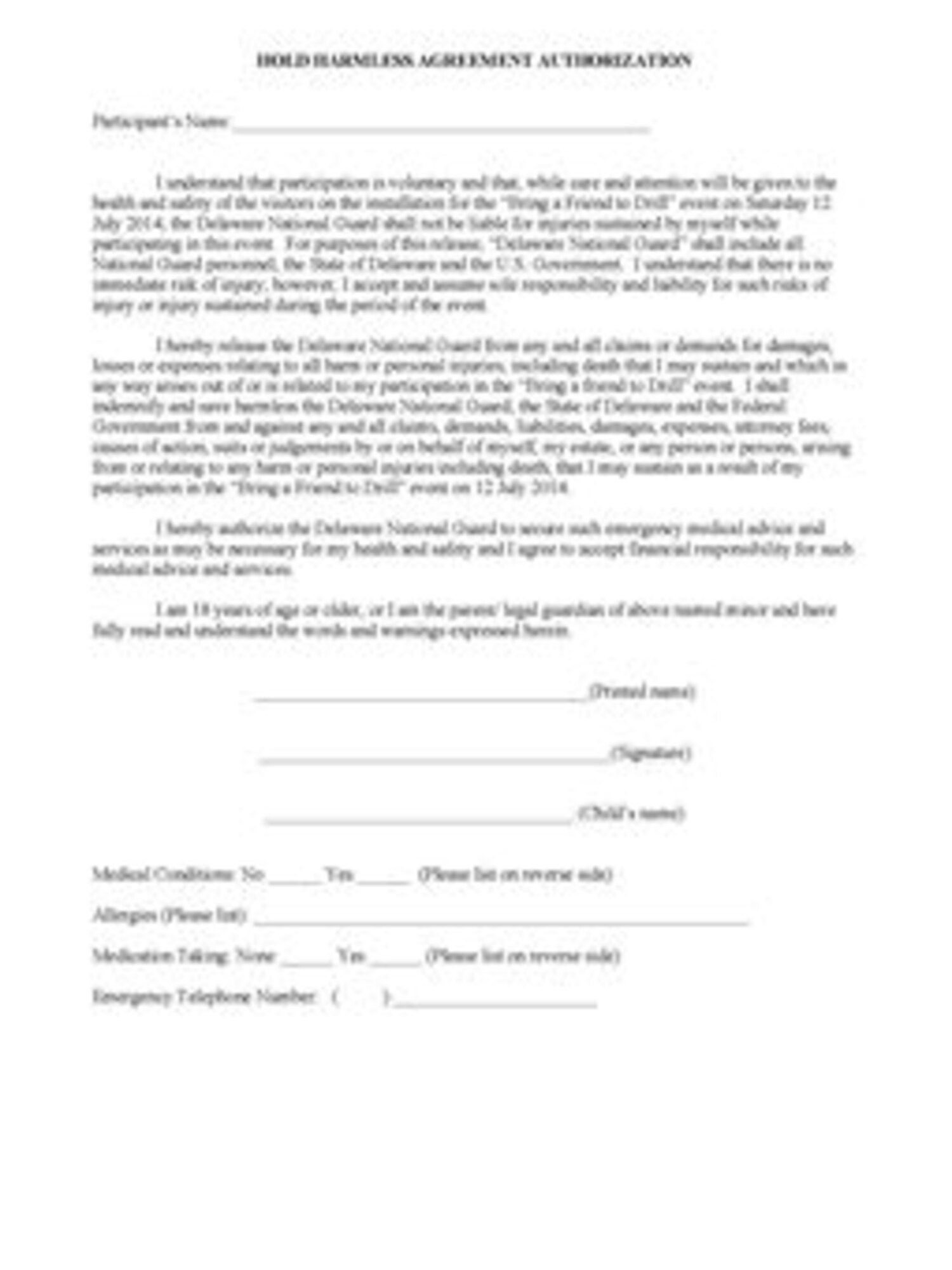 'Bring a Friend to Drill Day' July 12, 2014, Hold Harmless Agreement, Delaware Air National Guard	