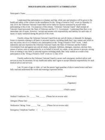 'Bring a Friend to Drill Day' July 12, 2014, Hold Harmless Agreement, Delaware Air National Guard	