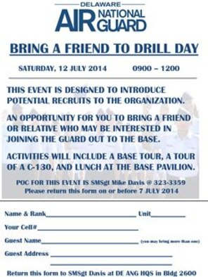 'Bring a Friend to Drill Day' July 12, 2014 flyer, Delaware Air National Guard 
