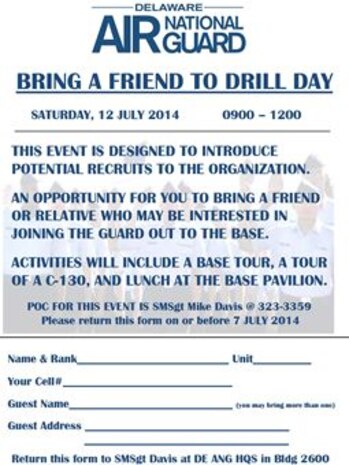 'Bring a Friend to Drill Day' July 12, 2014 flyer, Delaware Air National Guard 