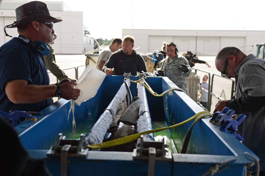 Staff Sgt. Robert Izzett (center right), 62nd Aerial Port ramp services shift supervisor, assists personnel from the Navy Marine Mammal Program with unloading a dolphin from a C-130 Hercules aircraft June 24, 2014, at Joint Base Lewis-McChord, Wash. Butch, the dolphin, is part of the Navy Marine Mammal Program’s swimmer detection and interdiction program. (U.S. Air Force photo/Airman 1st Class Jacob Jimenez) 