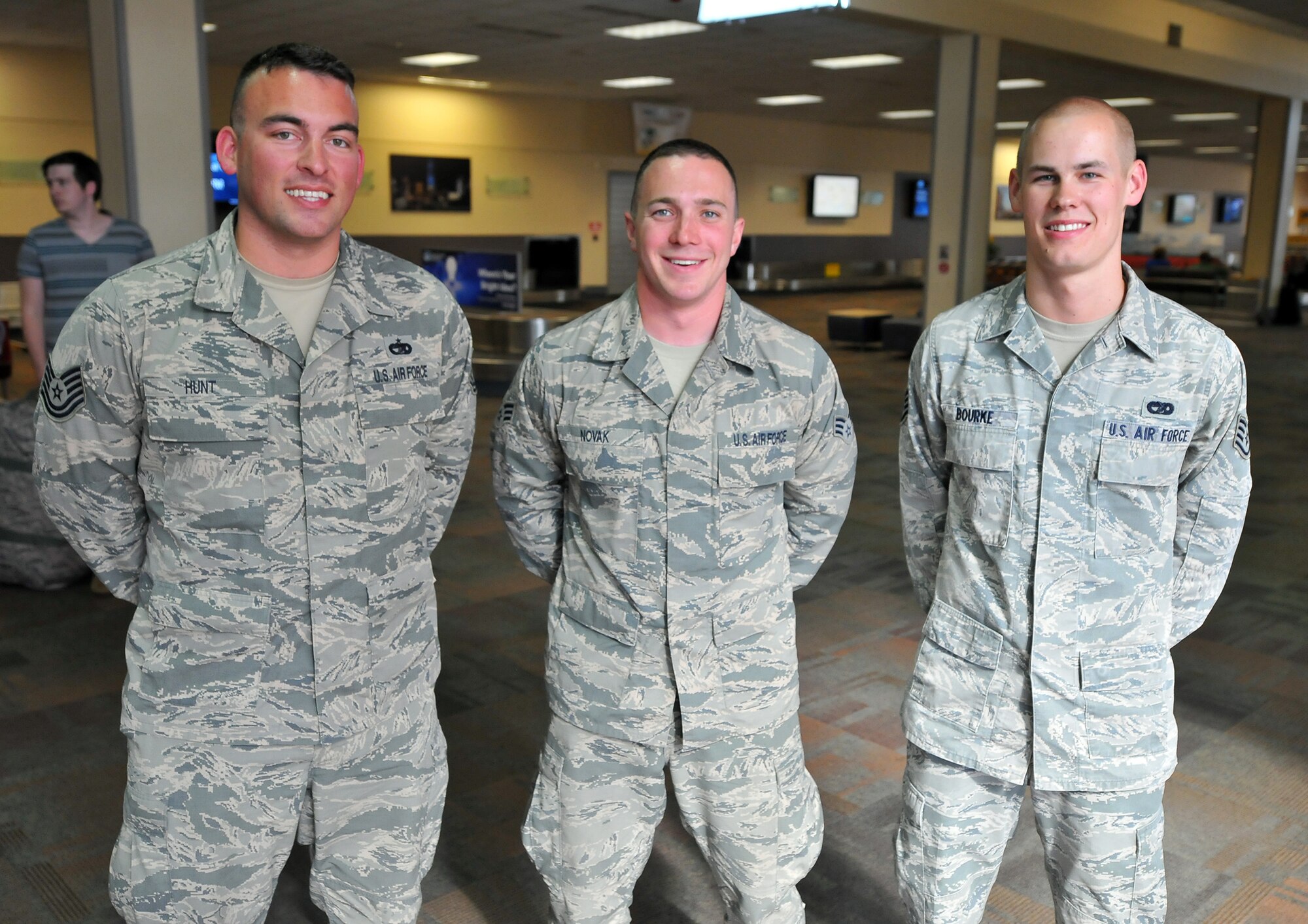 DAYTON, Ohio – 87th Aerial Port Airmen Tech. Sgt. Justin Hunt, Senior Airman Kody Novak and Staff Sgt. Josiah Bourke returned from an eight-month deployment to the Transit Center, Manas, Kyrgyzstan. The Airmen were among the last to return after the closing of the base June 3. While serving at the 376th Air Expeditionary Wing, the 87 APS had 49 Airmen facilitate the movement of more than 180,000 passengers, 17,000 short tons of baggage, and nearly 14,000 short tons of cargo. They also supported 3,400 aircraft missions. For more than 12 years, the American military has operated out of Transit Center at Manas. It served as the premier transportation and logistics hub supporting operations in Afghanistan. (U.S. Air Force photo/Tech. Sgt. Frank Oliver)