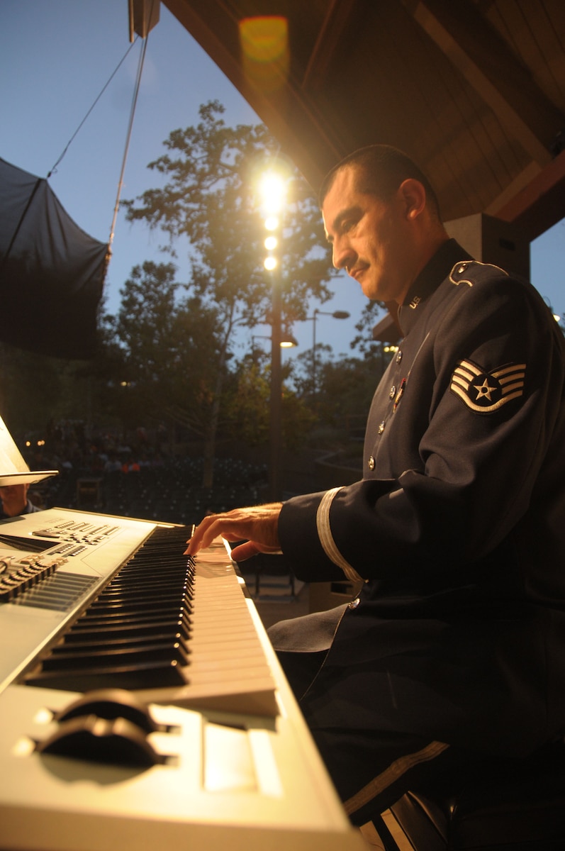 U.S. Air Force Staff Sgt. Jose Fausto with the 562nd Air Force Band of the West Coast performs in Ojai, Calif., at the Libbey Bowl Amphitheater on June 25, 2014. (U.S. Air National Guard photos by Airman 1st Class Madeleine Richards/Released)