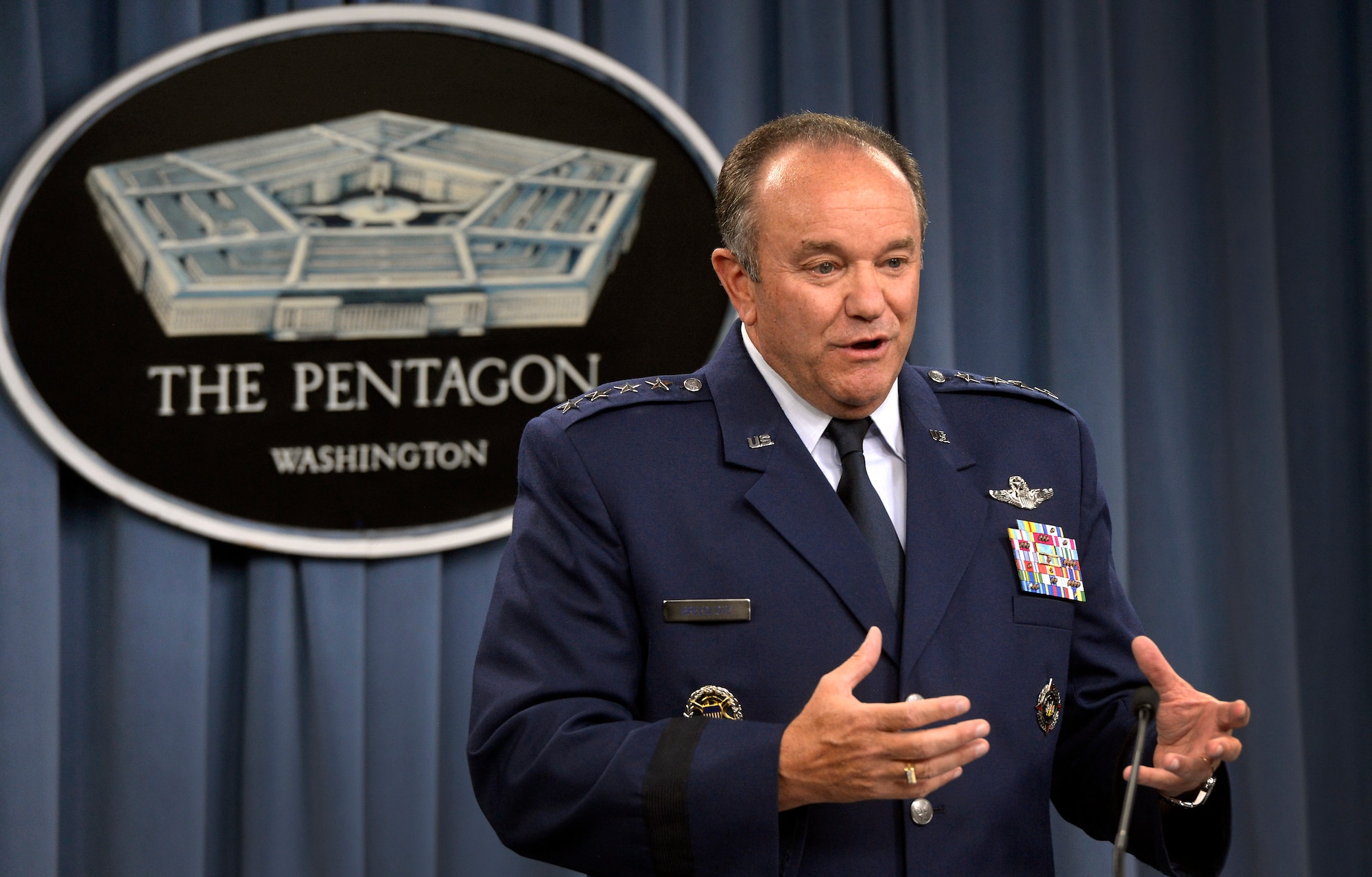Air Force Gen. Philip M. Breedlove, NATO’s supreme allied commander for Europe and commander of U.S. European Command, provides a command update during a news conference at the Pentagon, June 30, 2014. (DOD photo by Glenn Fawcett/Released) 