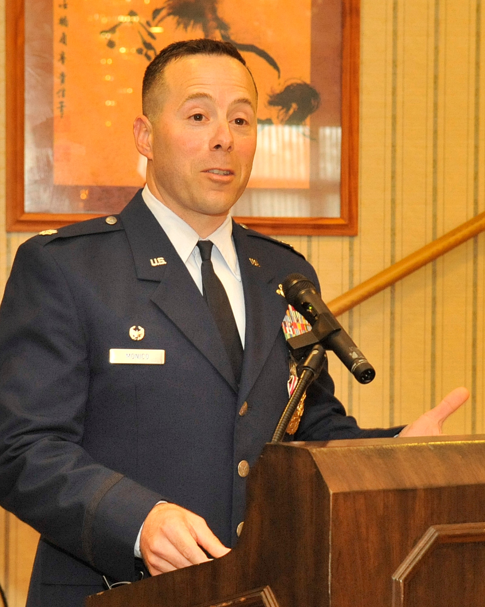 U.S. Air Force Lt. Col. Eric Monico, 301st Intelligence Squadron commander, speaks of the squadron’s history and accomplishments during an inactivation ceremony at Misawa Air Base, Japan, June 30, 2014. After more than 60 years of service at Misawa, the 301 IS will be leaving the Misawa Security Operations Center. (U.S. Air Force photo/ Staff Sgt. Tong Duong)