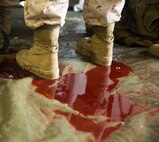 Fake blood pools inside a Forward Resuscitative Surgical System tent during a training exercise conducted by 2nd Medical Battalion, 2nd Marine Logistics Group at Camp Lejeune, N.C., June 28, 2014. The battalion launched a series of casualty scenarios with role players and dummies to help prepare its personnel to work under stressful conditions.
