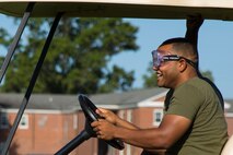A Marine with Supply Company, 2nd Supply Battalion, 2nd Marine Logistics Group drives a golf cart while wearing beer goggles during a unit alcohol awareness and physical training session aboard Camp Lejeune, N.C., June 30, 2014. The goggles distorted the Marines’ vision to simulate intoxication as a learning tool.