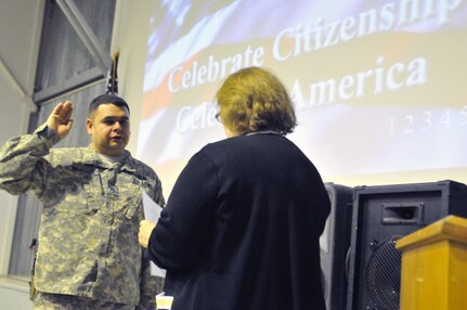 Army Staff Sgt. Rodrigo Mondaca, a supply sergeant with the Georgia Army National Guard's 3rd Squadron, 108th Cavalry Regiment, officially became a U.S. citizen in a naturalization ceremony conducted at Camp Bondsteel, Kosovo, Jan. 20, 2012. Mondaca is one of approximately 10,000 deployed military members who have taken the oath since 2001.