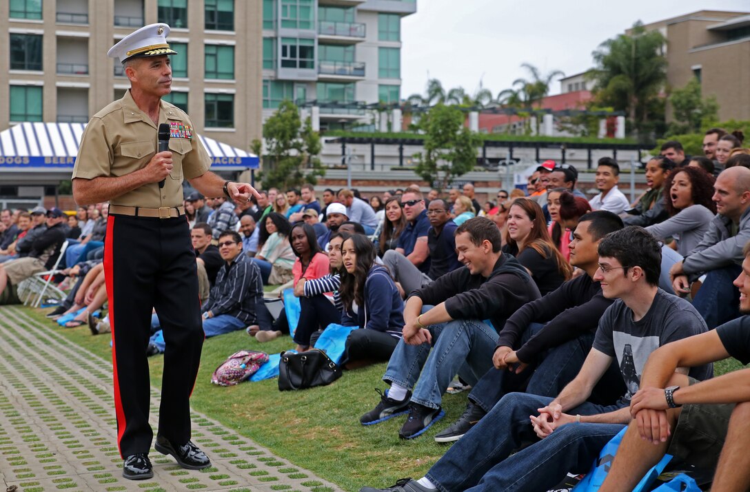 Brig. Gen. Paul K. Lebidine, the commanding general of Force Headquarters Group, Marine Forces Reserve, speaks to Individual Ready Reserve Marines attending the IRR administrative muster and job fair here, June 26, 2014. Marines from the San Diego County area traveled to the stadium to attend the muster. The muster gave Marines access to job options and schools, as well as the opportunities and resources to remain a part of the Marine Corps. 