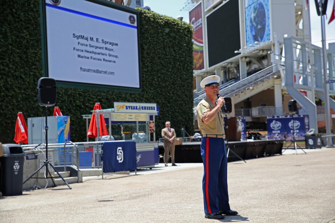 Sgt. Maj. Michael E. Sprague, the Force Headquarters Group sergeant major, speaks to Individual Ready Reserve Marines attending the Marine Corps Individual Reserve Support Activity, Individual Ready Reserve administrative muster and job fair at PETCO Park in San Diego, June 5, 2014. The muster gave Marines access to job options and schools, as well as the opportunities and resources to remain a part of the Marine Corps. 