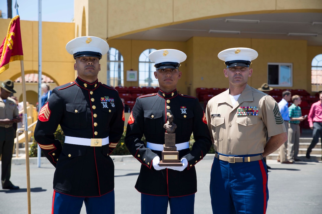 U.S. Marine Corps Lance Cpl. Lawrence A. Liechty earns the title of company honorman for Company F at Marine Corps Recruit Depot San Diego, June 13, 2014. Liechty excelled over his peers physically and mentally during challenges recruits face during boot camp. (U.S. Marine Corps photo by Cpl. Catie Massey, 12th Marine Corps District/Released)