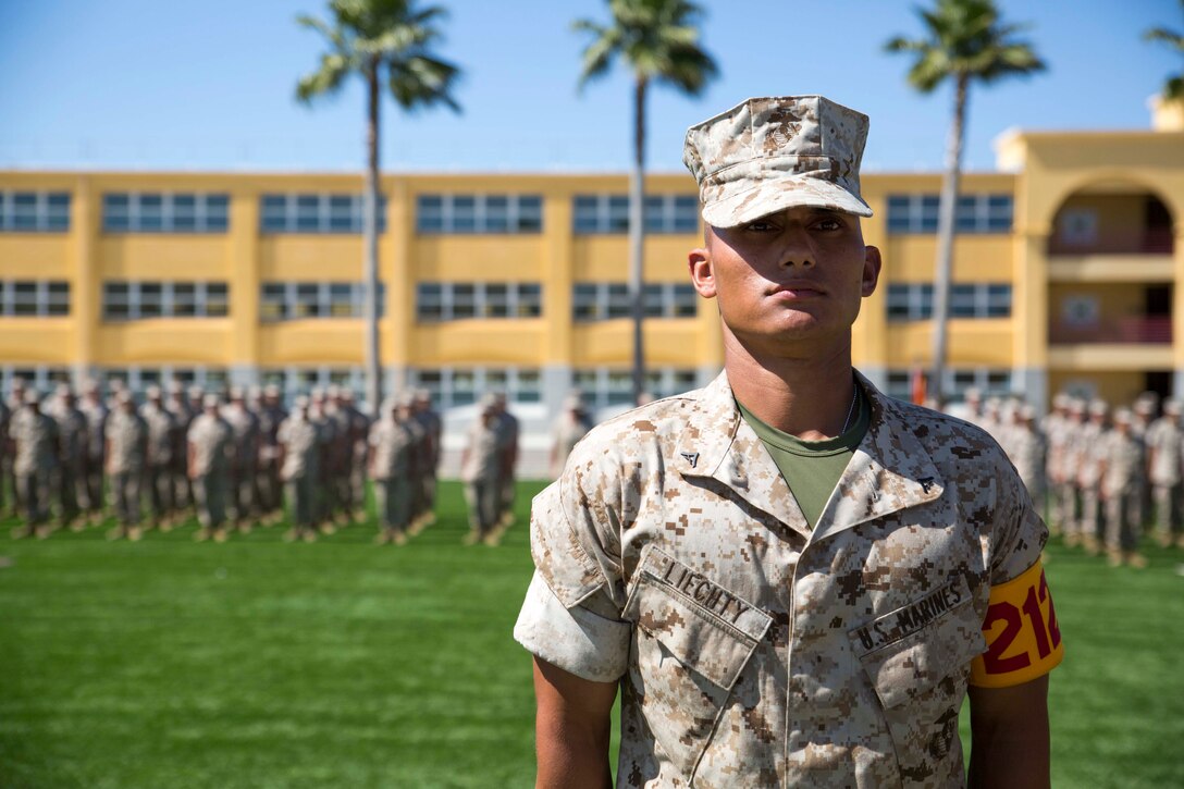 U.S. Marine Corps Lance Cpl. Lawrence A. Leichty, company F honorgrad, is promoted to the rank of Lance Corporal aboard Marine Corps Recruit Depot San Diego, June 11, 2014. Leichty was promoted by his father, Sgt. Maj. Larry Leichty, Recruiting Station San Francisco Sergeant Major. (U.S. Marine Corps photo by Cpl. Catie Massey, 12th Marine Corps District HQ/Released)