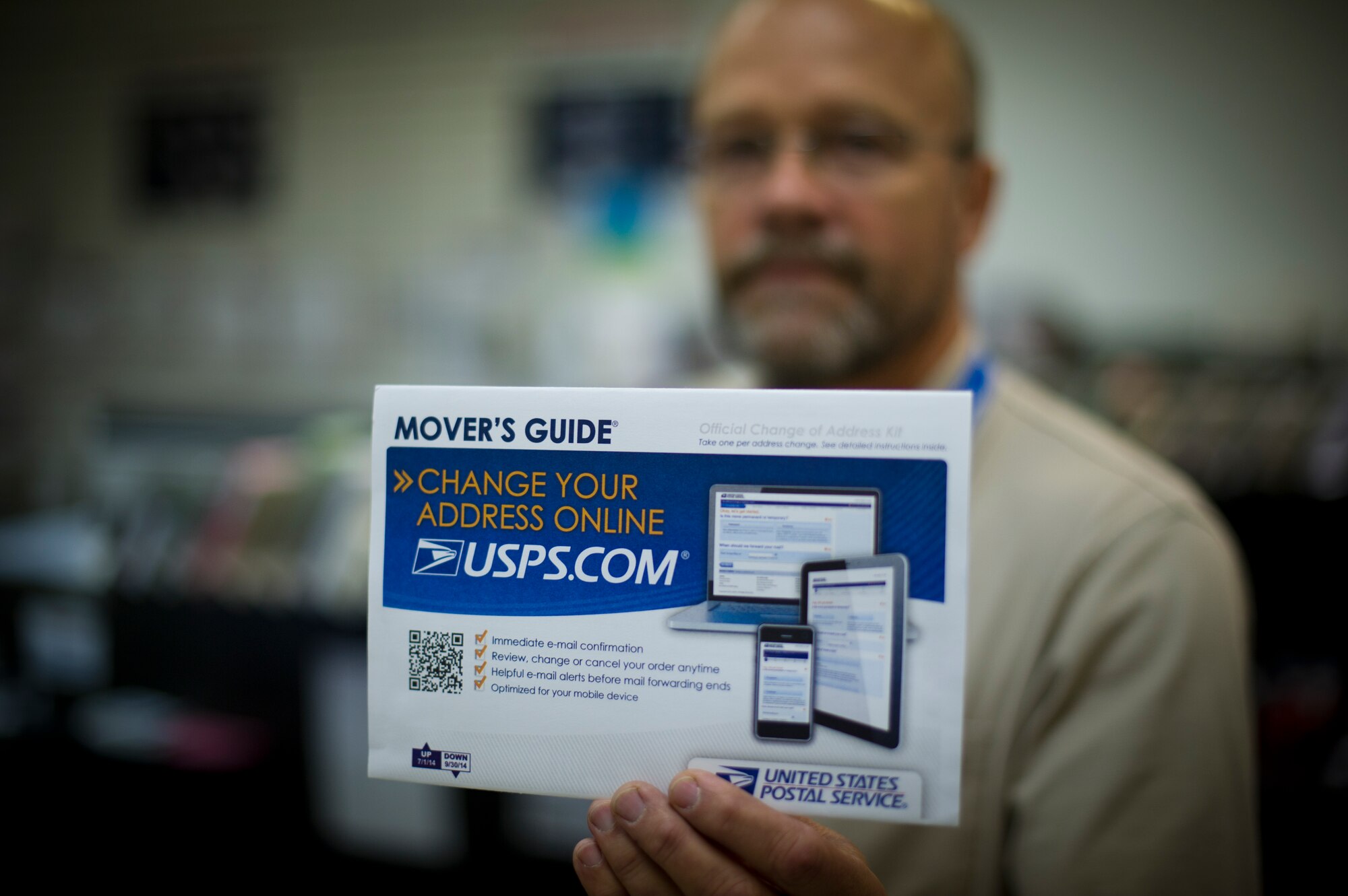 Steve Duncan, post master of Holloman Air Force Base N.M., displays one of the many ways to update your information after the recent change in postal services. Some advantages of the new system include a 24 hour retrieval system for those that use the P.O. boxes. “When we first started, some people weren’t happy with the hours,” said Duncan. “We don’t have to be here for them to get their package, the forwarding system we have now is better than the postal system we had before.”