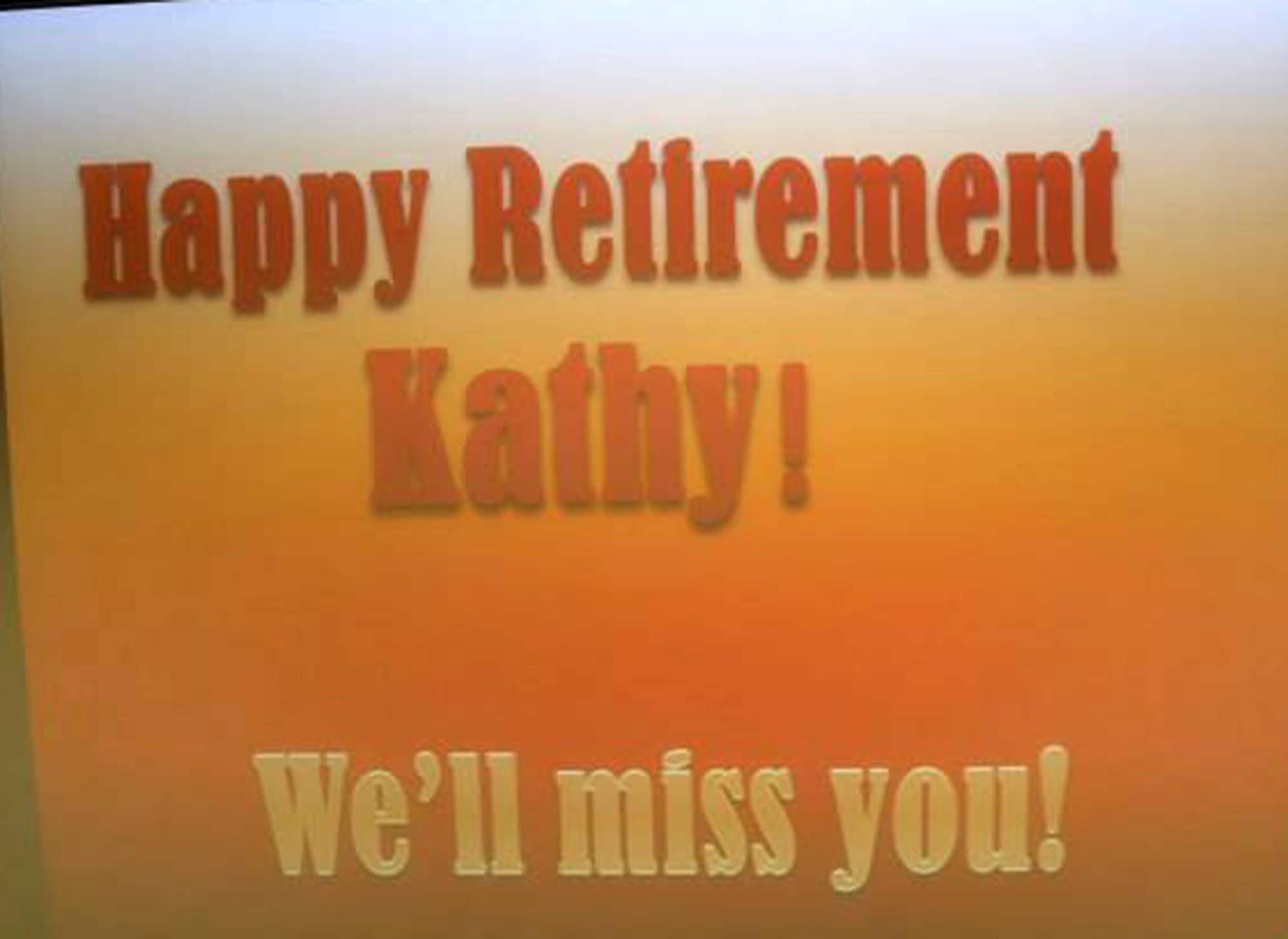 TRAVIS AIR FORCE BASE, Calif. -- Members of the 349th Air Mobility Wing bid farewell to Kathy Dalton, Reserve Personnel Appropriation budget analyst with the 349th AMW Finance Office, upon the occasion of her retirement from federal civil service, June 26, 2014, at Travis Air Force Base, Calif. (U.S. Air Force photo/Lt. Col. Robert Couse-Baker) 