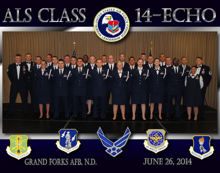 The commandant and instructors from the Chief Master Sgt. Richard L. Etchberger Airman Leadership School pose for a group photo with members of ALS Class 14-Echo and their class mentor moments before a graduation ceremony held June 26, 2014, at the Northern Lights Club on Grand Forks Air Force Base, North Dakota. Class 14-E was made up by two groups of students more commonly referred to in the Air Force as flights. One flight consisted of 12 active-duty Airmen completing their in-residence course at the Etchberger ALS in Grand Forks AFB, while the other flight was made up of a dozen Air National Guard Airmen from the 119th Wing attending an in-residence ALS course at the North Dakota ANG base in Fargo, North Dakota. Both of the flights were simultaneously taught by Air Force active-duty instructors from the Etchberger ALS. This new approach on training was the first of its kind according to officials from the 119th Wing and the 319th Air Base Wing. (U.S. Air Force photo illustration/Staff Sgt. Luis Loza Gutierrez) 


