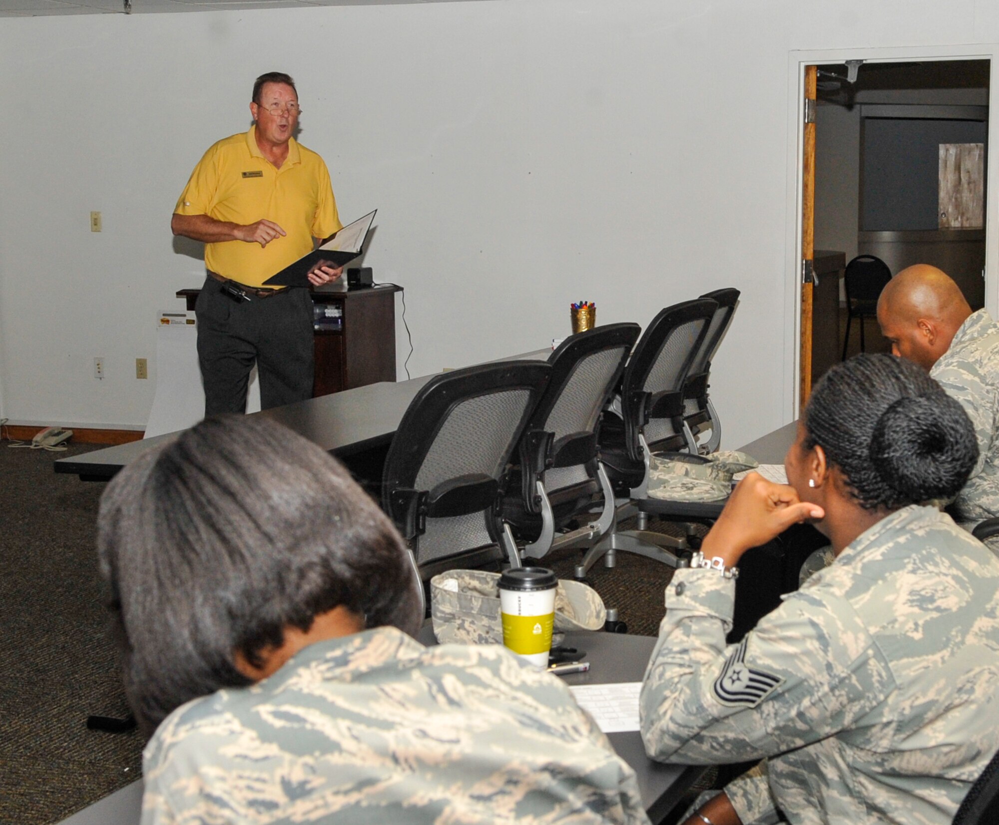 Todd Makamson, Airman and Family Readiness Center work and life specialist, teaches a class to Airmen in the monthly Get Connected Forum on Barksdale Air Force Base, La., June 27, 2014. Professional development classes like Get Connected cover a wide variety of topics such as relationships, self-worth, personalities and others. (U.S. Air Force photo/Airman 1st Class Benjamin Raughton)