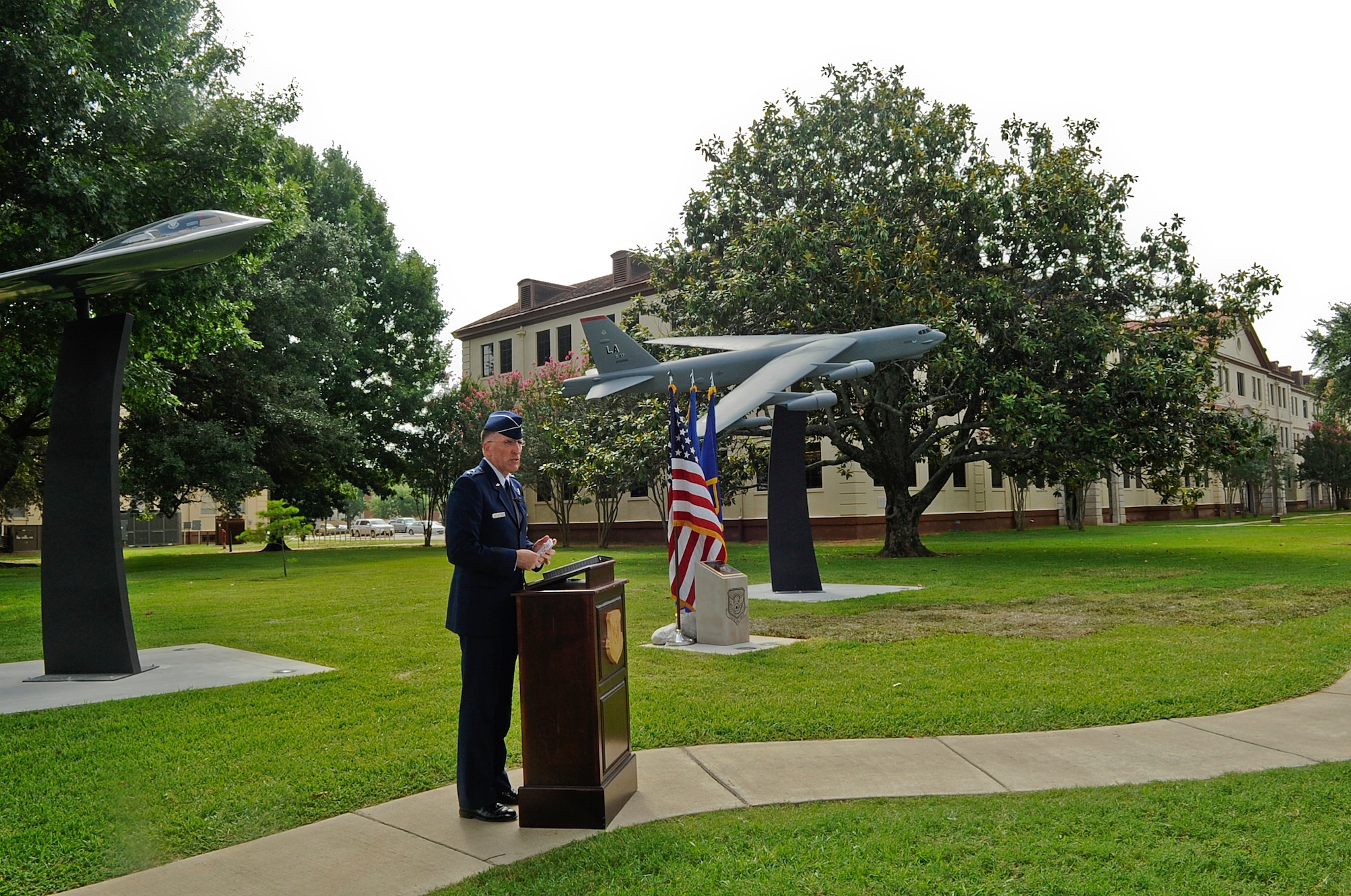 Maj. Gen. Scott Vander Hamm, Eighth Air Force commander, gives his remarks during the Eighth Air Force grand opening ceremony on Barksdale Air Force Base, La., July 2, 2014. The 77,000 sq. ft. building will hold Eighth Air Force staff, Task Force 204 and 608th Air Operations Center. (U.S. Air Force photo/Senior Airman Kristin High)