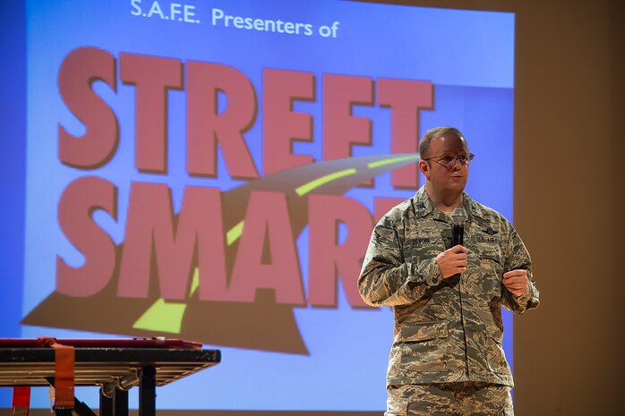Col. Jeffrey DeVore, Joint Base Charleston commander, introduces the
Presentation, Stay Alive From Education "Street Smart" program, at the Air Base Theater, June 28, 2014, at Joint Base Charleston, S.C. The program is an
audience-interactive workshop designed for young adults, and offers attendees a real-life view of their options when confronted with possible life-changing choices. S.A.F.E. members took Airmen into the real-life drama experienced by firefighters and paramedics as they work to save the lives of individuals who have made poor choices when it comes to drinking and driving, using drugs or not wearing seat belts. (U.S. Air Force photo/Tech. Sgt. Rasheen Douglas) 
