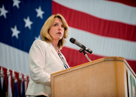 Secretary of the Air Force Deborah Lee James speaks to Airmen during an all call event at Minot Air Force Base, N.D., July 1, 2014. During her visit James met with Airmen to get their feedback about ongoing improvements to the nuclear mission. (U.S. Air Force photo/Airman 1st Class Sahara L. Fales)