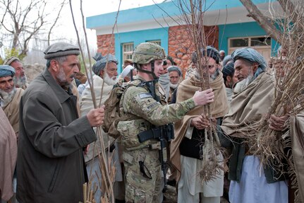 Army 1st. Lt. Andrew Webster, the project manager for the Kansas Agribusiness Development Team, and Ismail Dawlatzai, director of Agriculture, Irrigation, and Livestock, distribute fruit bearing trees at the Alingar Agriculture Extension Center, Feb. 1, 2012. Around 2,400 saplings were given to the approximately 200 elders from villages around Alingar district.