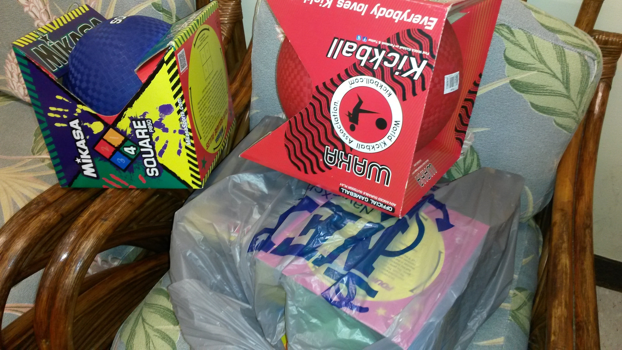 Pictured is an assortment of sports equipment the 48th Aerial Port Squadron, Joint Base Pearl Harbor-Hickam, Hawaii, to a local elementary school in appreciation for the care packages the students donated to the unit while they were deployed to Ali Al Saleem, Kuwait for six months.(Courtesy photo/Master Sgt. Peter Rieta)