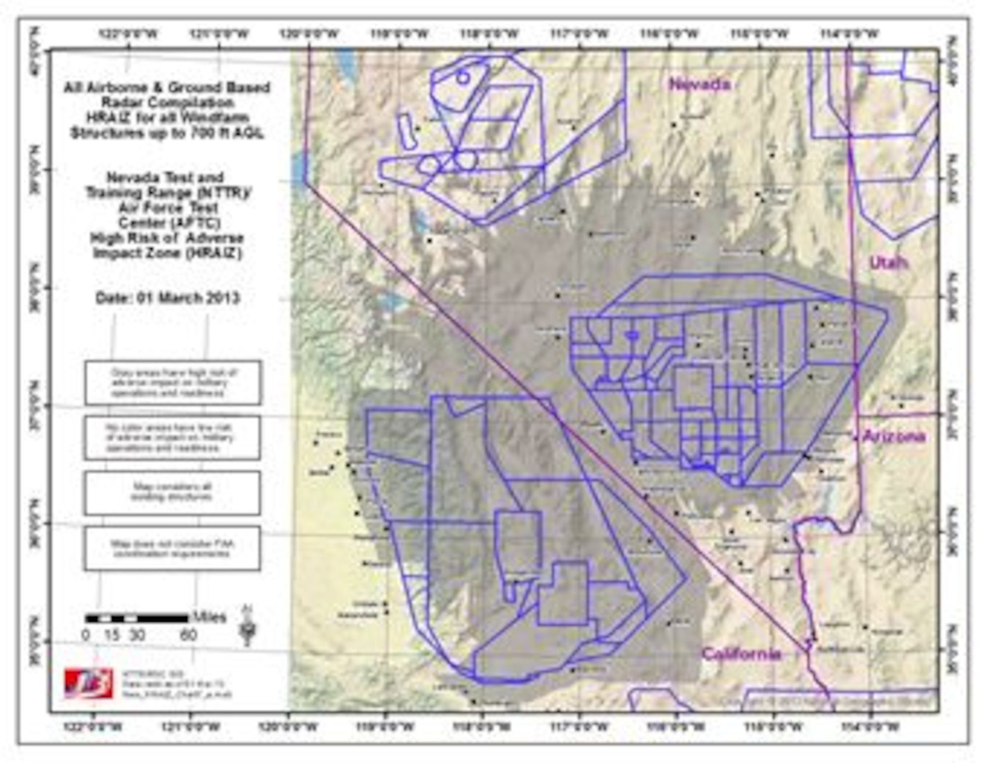 The High Risk of Adverse Impact Zone (HRAIZ) map depicts the Air Force area of interest for R-2508 and Nellis Test and Training Range (NTTR) operational areas. (U.S. Air Force courtesy graphic)



