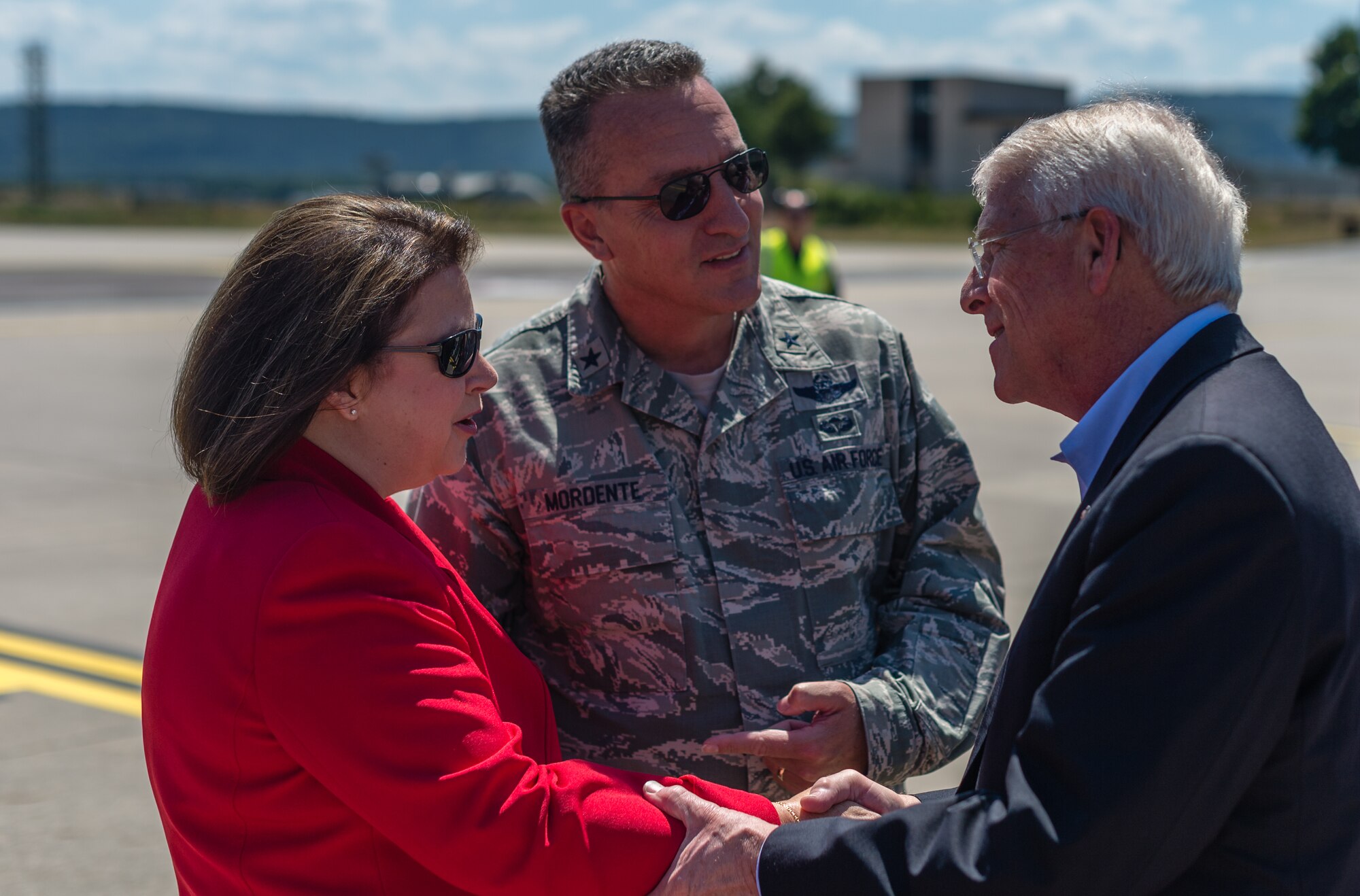 Brig. Gen. Patrick Mordente, 86th Airlift Wing commander, and his wife, Marissa, welcome U.S. Roger Wicker, to Ramstein Air Base, Germany, July 3.  Wicker was part of a six-member congressional delegation, which made a brief stop here to meet with Airmen from their home states stationed at Ramstein.  (U.S. Air Force photo/ Airman 1st Class Jordan Castelan)