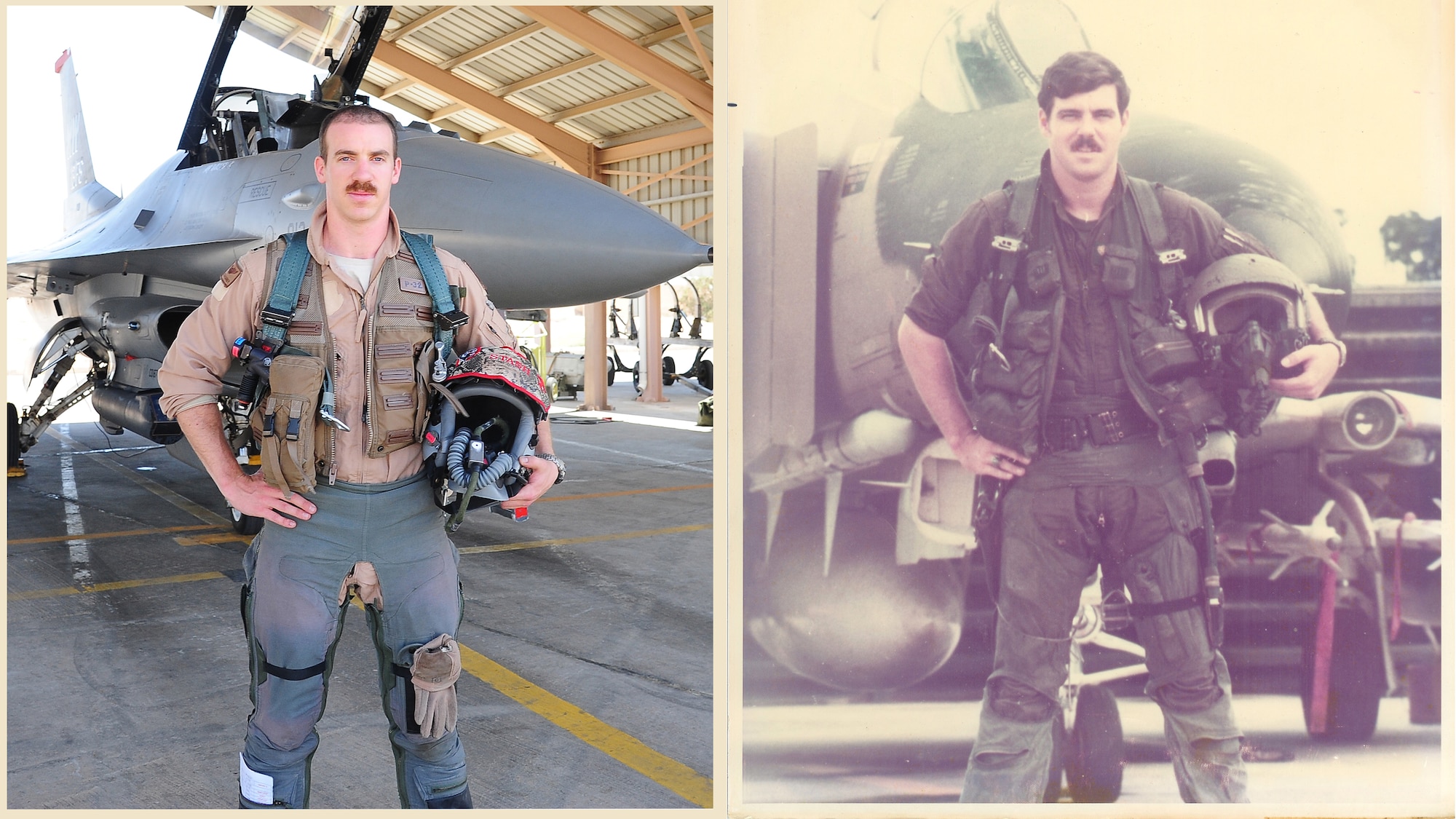 U.S. Air Force Capt. Dustin Carey, left, an F-16 Fighting Falcon pilot from the 13th Fighter Squadron at Misawa Air Base, Japan, recreates a picture of his father, retired Lt. Col. Bruce Carey, serving in Thailand during 1974 as an F-4 Phantom II pilot. From a young age, the captain displayed an eagerness to follow in his father’s footsteps. (Contributed photo (right)/U.S. Air Force photo by Staff Sgt. Brigitte N. Brantley/Released)