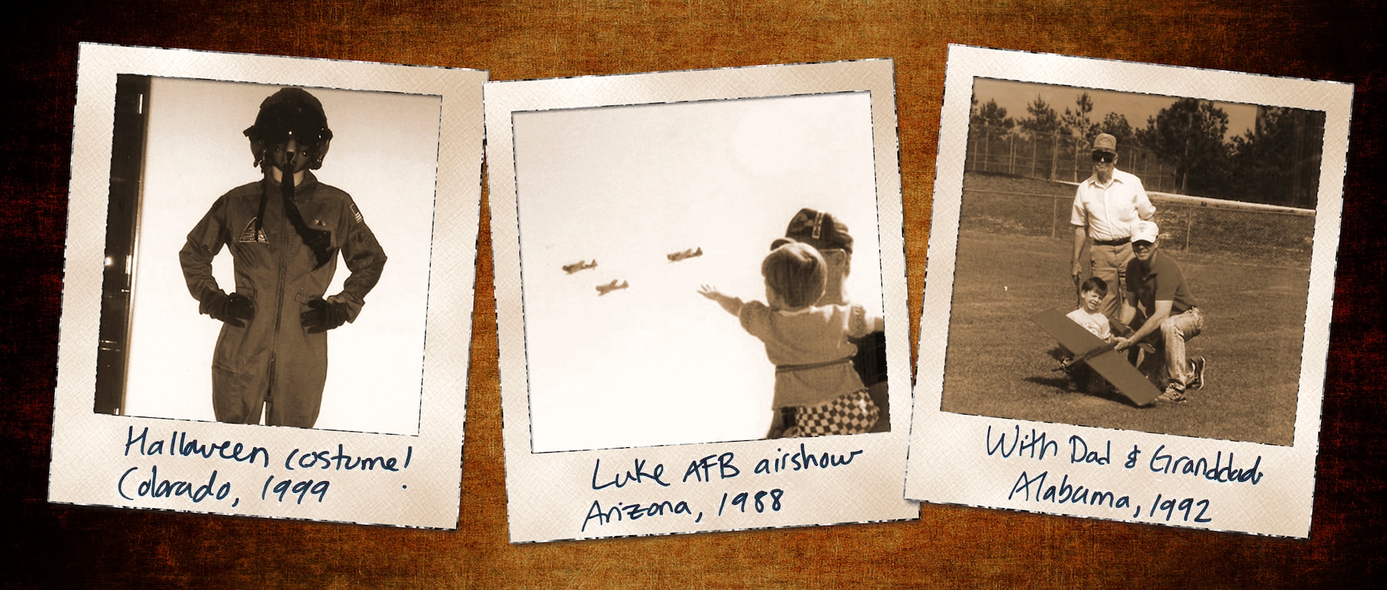 U.S. Air Force Capt. Dustin Carey, an F-16 Fighting Falcon pilot with the 13th Fighter Squadron at Misawa Air Base, Japan, was captivated by aviation from a young age. These three pictures captured his childhood interest in continuing his family legacy through becoming a pilot. (Contributed photos/U.S. Air Force photo illustration by Staff Sgt. Brigitte N. Brantley/Released)