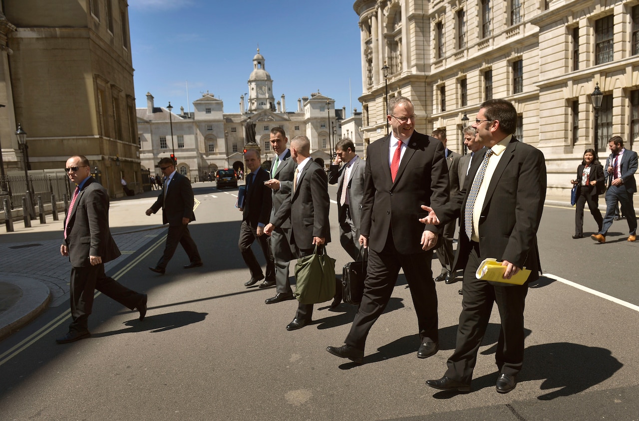 U.S. Deputy Defense Secretary Bob Work is escorted to the U.K.’s Ministry of Defense by Permanent Secretary Jon Thompson in London, July 3, 2014. DoD photo by Glenn Fawcett